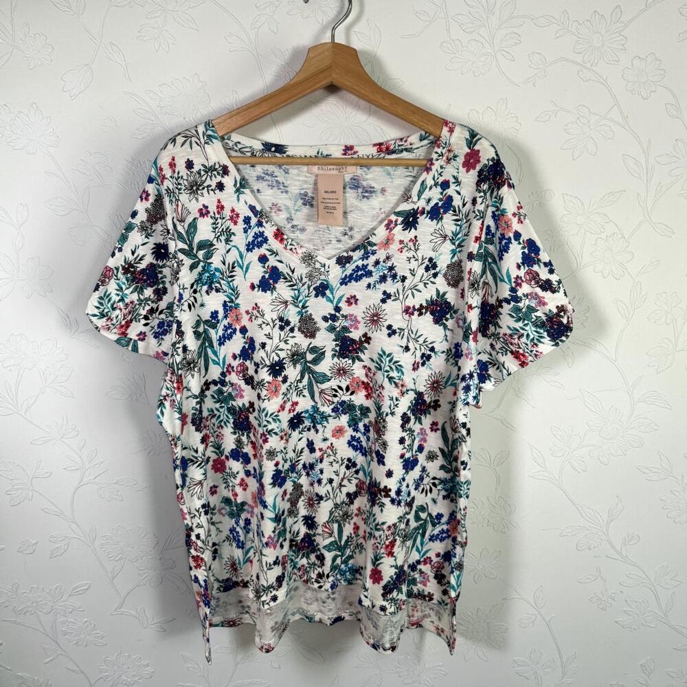Philosophy Women's XXL Pima Cotton White & Floral S/S V-Neck Pullover Blouse